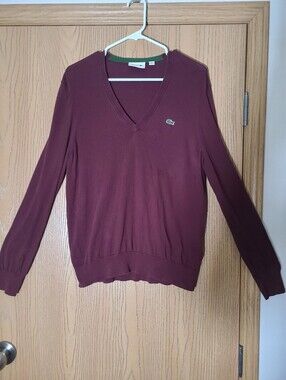 Lacoste V-neck Burgundy Preppy Business Casual Golf Sweater Crocodile Logo